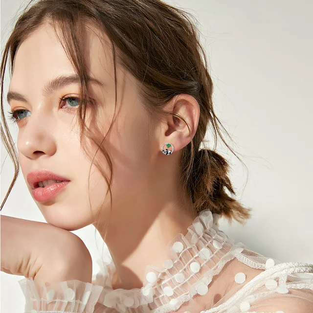 Animals  Panda Bamboo With Zircon 925 Sterling Silver Hoop Stud Earrings For Women