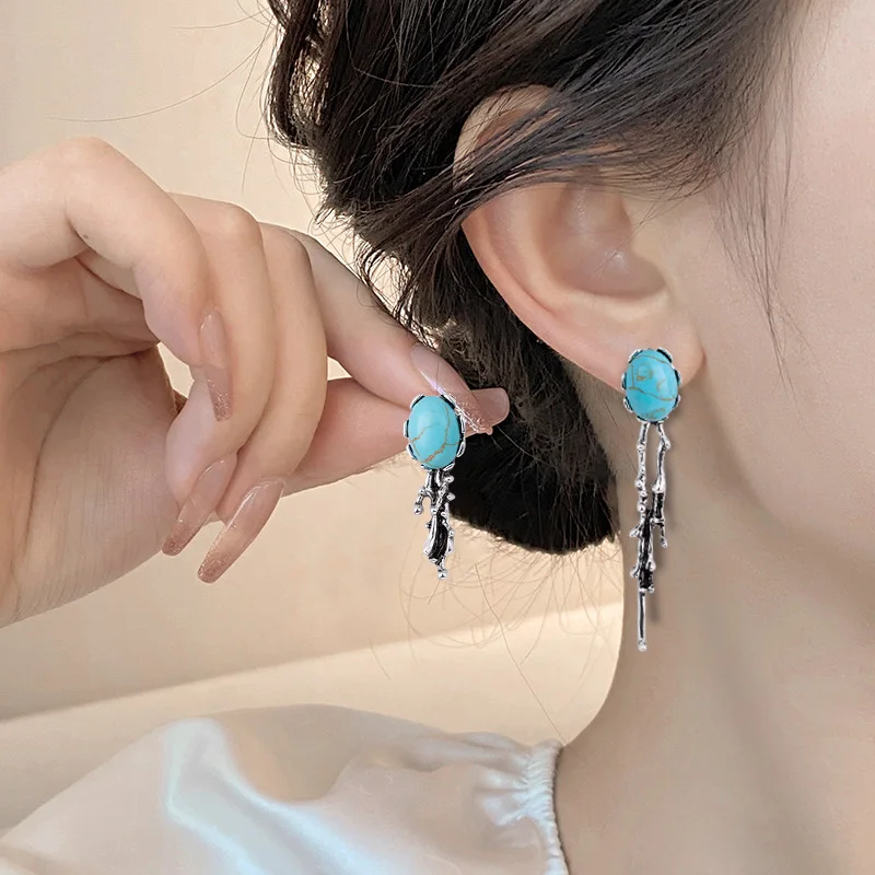 Silver Needle Bohemian Style Asymmetric Blue Turquoise Earrings Creative Personality Inlay Fashion Jewelry