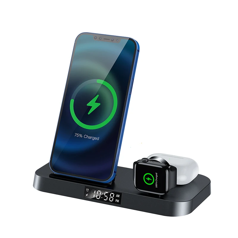 Fast Charge 3 In 1 Wireless Charger Alarm Clock Foldable wireless Charging Station Desktop Wireless charger