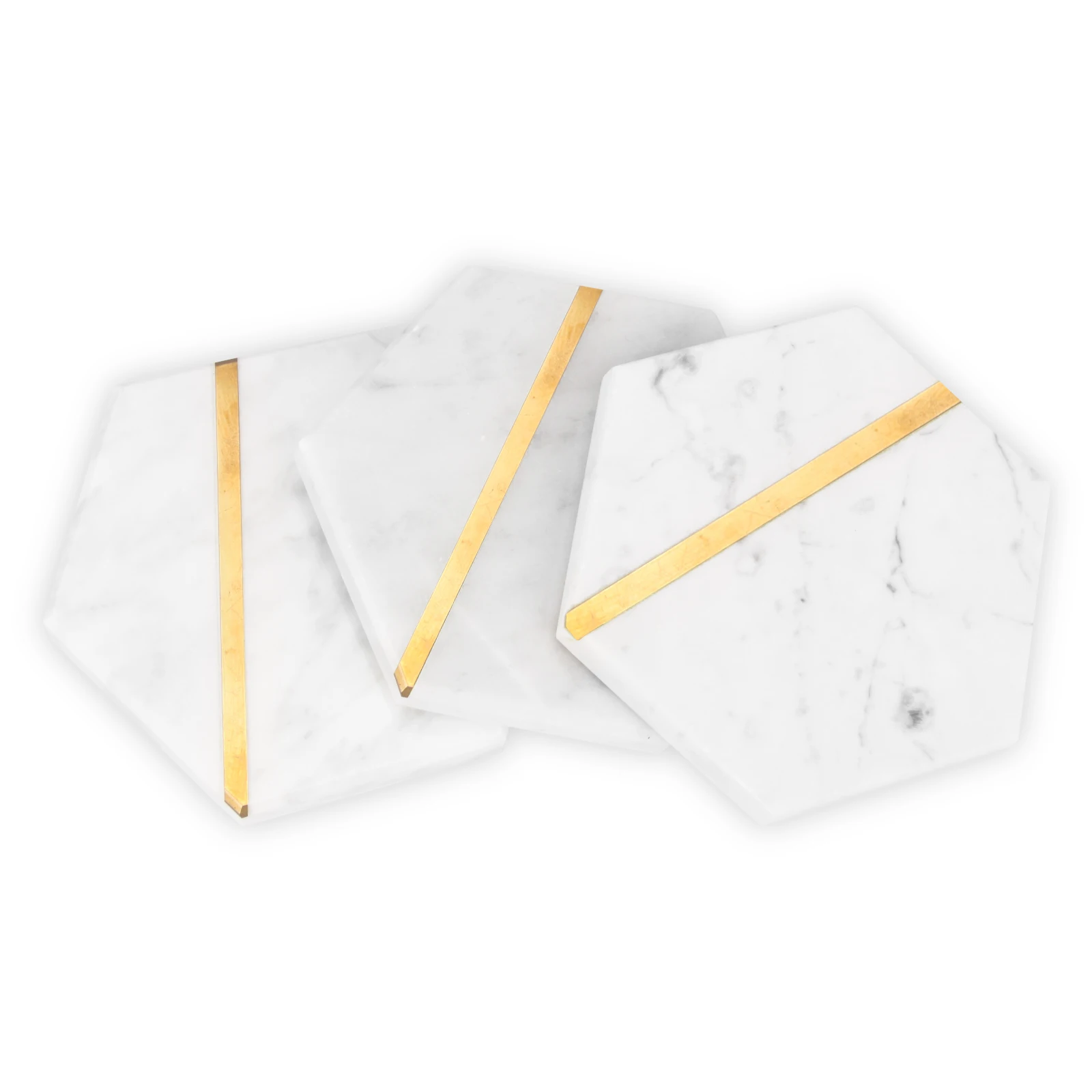 Wholesale Customised Record Logo White Grey Golden Line Hexagonal Beer Cup Drinks Beach Kitchen Nature Stone Marble Coaster Set