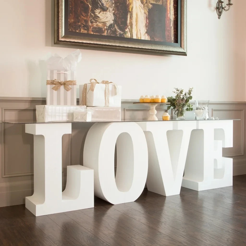 Gold white love letter wedding table with glass MDF top
