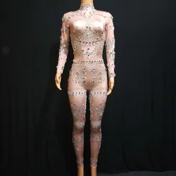 Women Ballroom Dance Costume Stretched Rhinestone Jumpsuit Crystal Siamese Drill Leotard Tights Disco Wear Outfit Singer DS