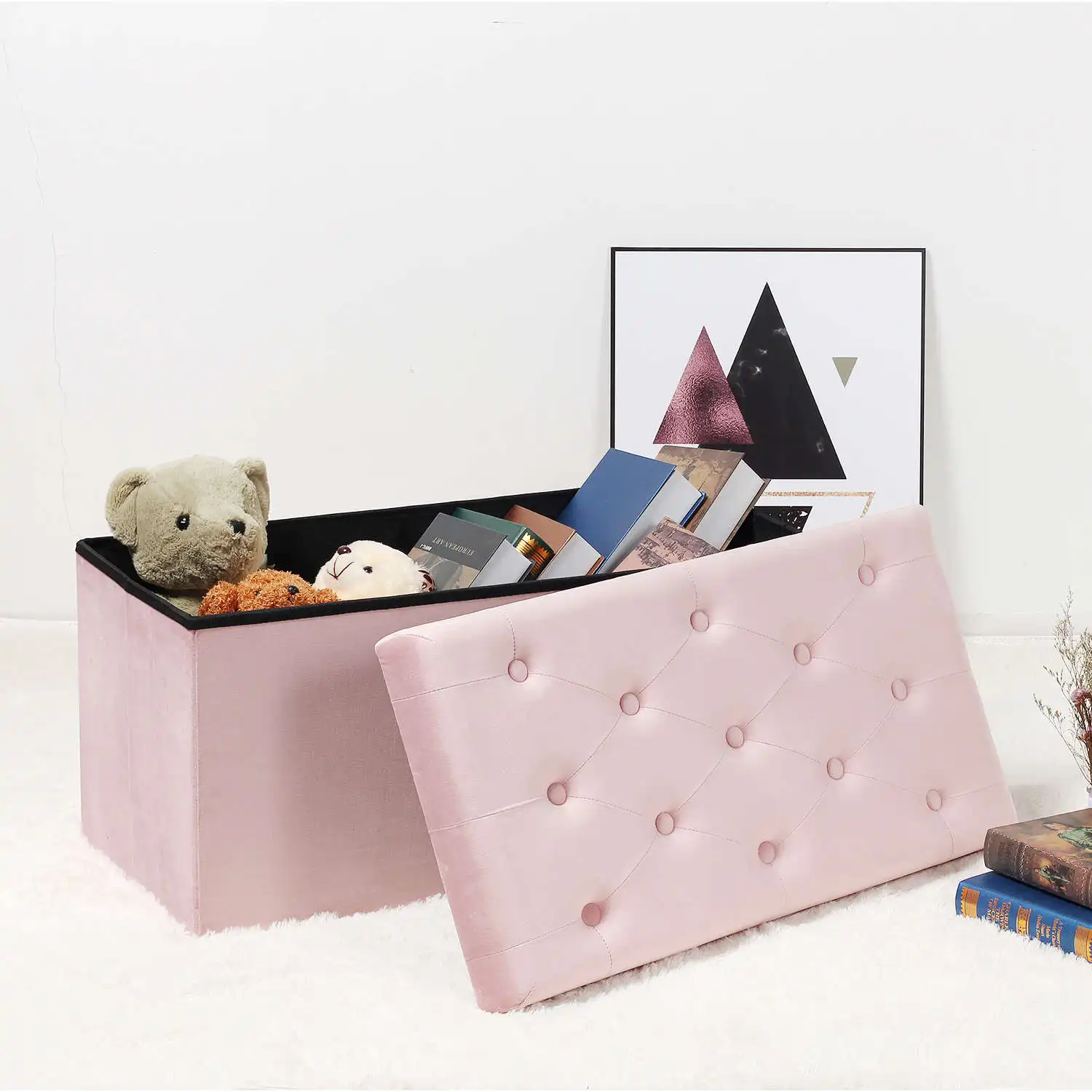 Bailey Large Supply Storage Clothes Books Toys Ottoman Bench Pink Velvet +P2 MDF+Foam Fabric Storage Bench For Bedroom