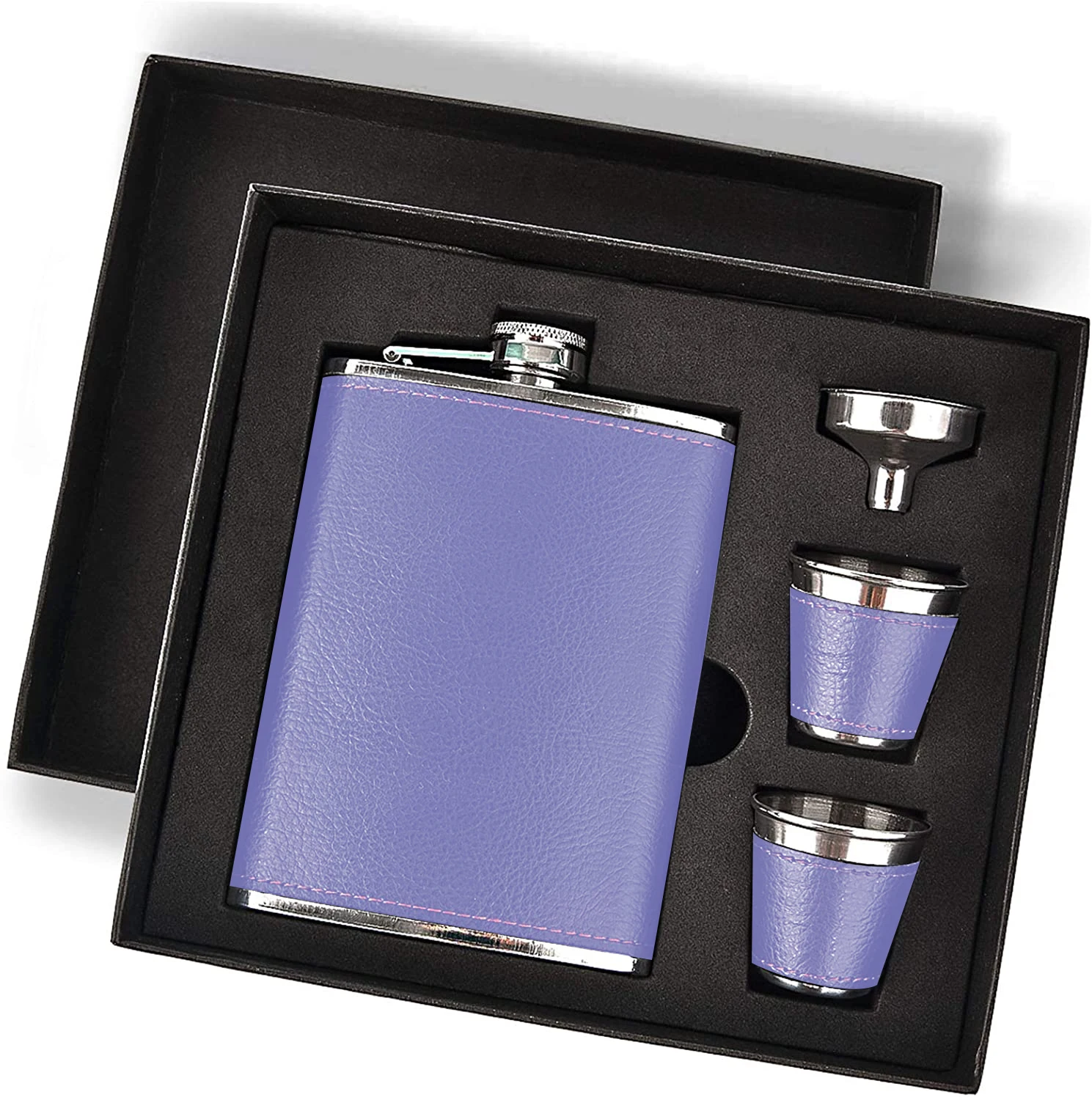 High End Corporate Gift Hip Flasks Gift Set Leather Whiskey Purple Color Flasks With Very Peri Funnel Shot Glasses