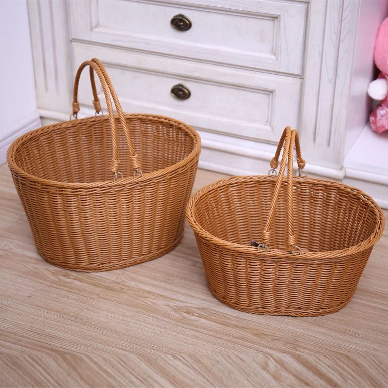 Wholesale Hand-woven Eco-Friendly Storage Type Brown Round PP Rattan Picnic Basket With Double Drop Down Handles