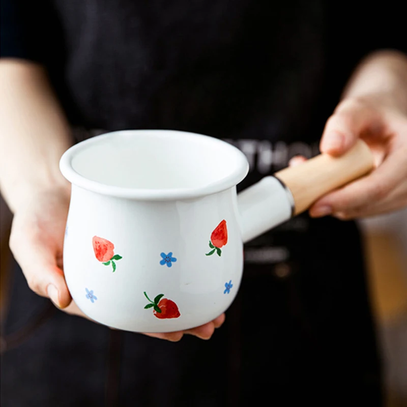 500ml Mini Enamel Coffee Milk Pot With Wooden Handle Saucepan Cookware For Baby Breakfast Oatmeal Cooking Gas Stove Induction