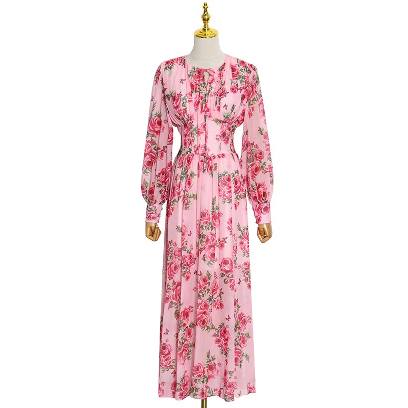 Платье с винтажным принтом, Осень-зима 2021, новое модное платье с круглым вырезом и авангардным принтом на талии, простое платье с рукавами-фонариками и шнуровкой