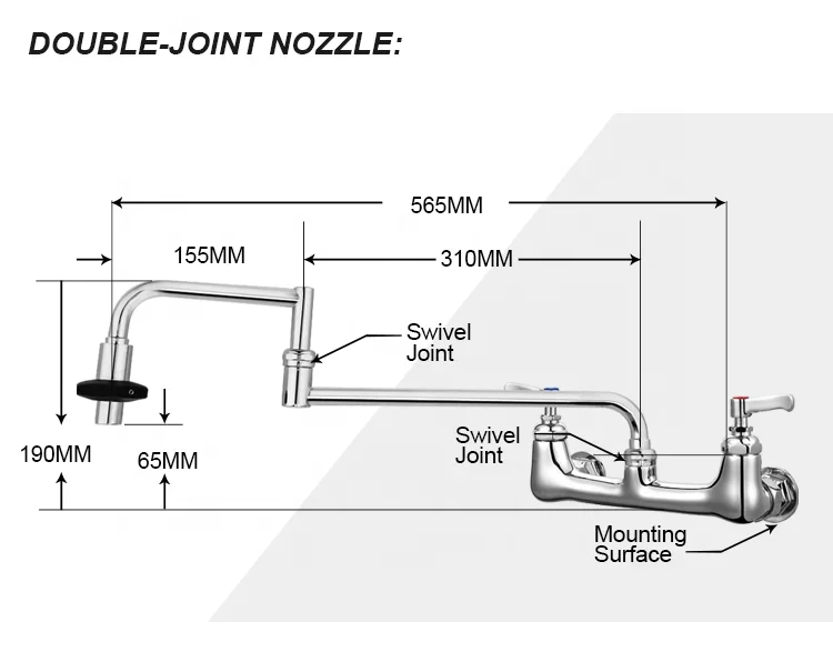 UPC NSF Wall Mount Double Handles Kitchen Sink Pot Filler Faucet Tap with Folding Spout