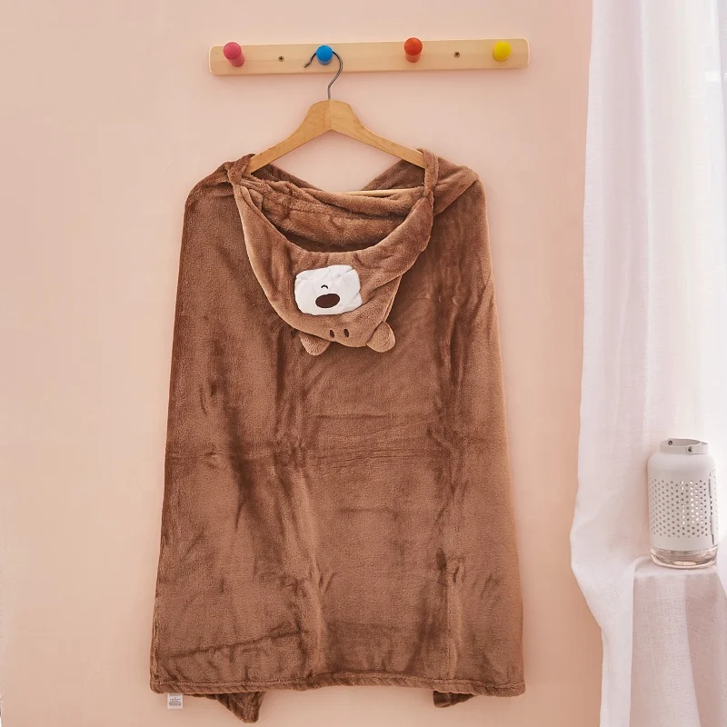 Bear design baby poncho hooded blanket coral fleece blanket kids polyester pillow wholesale animal design blanket