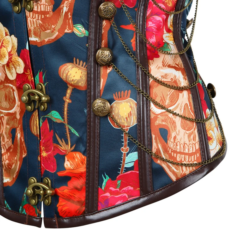 Steampunk Corsets Flower Printed Corset Vintage Bustier Tops Chains Decorated Bone Corselet Party Shows Cosplay Costume