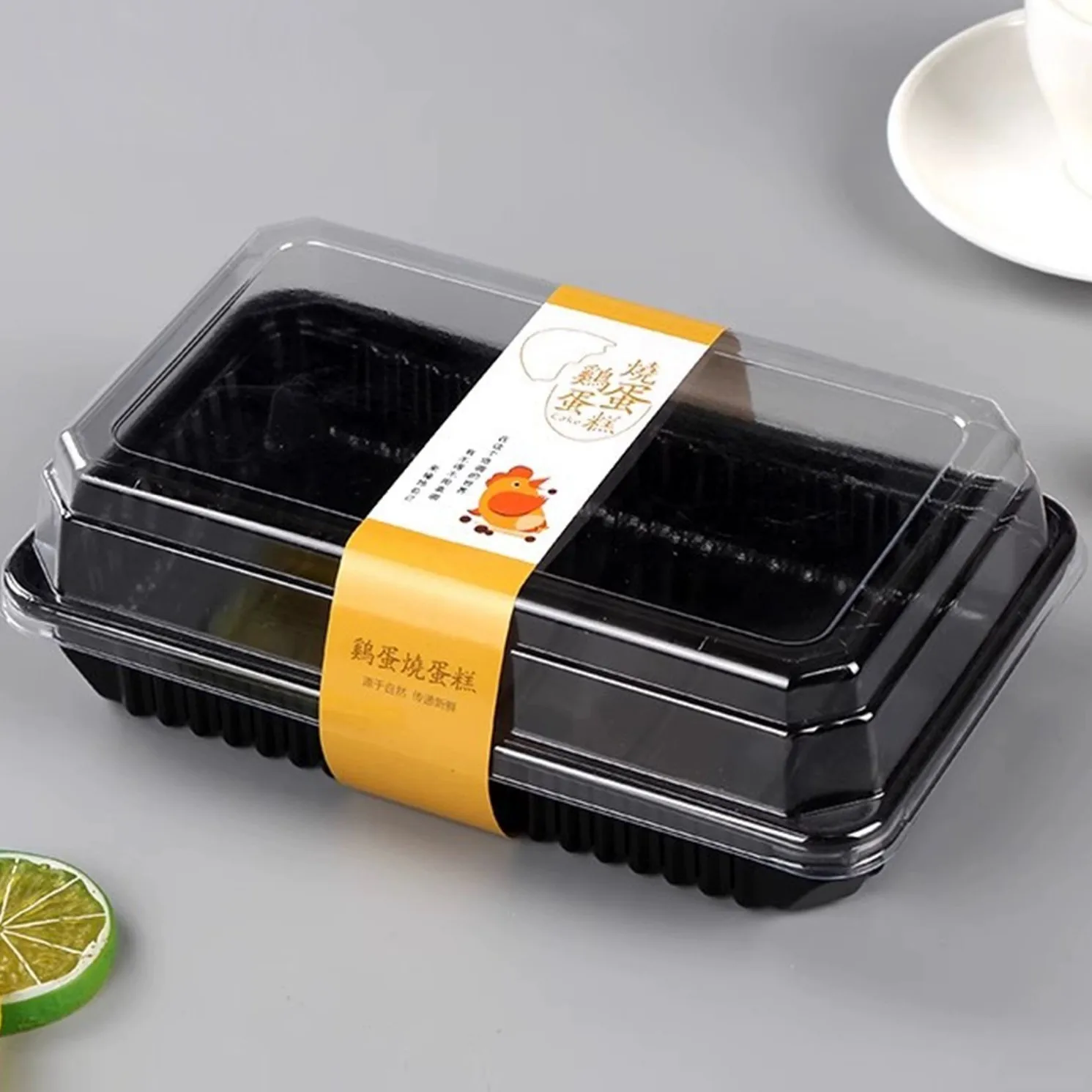 Transparent Cover with Black Bottom Rectangular Dessert Bread Blister Baking Packaging Box for Food Cake