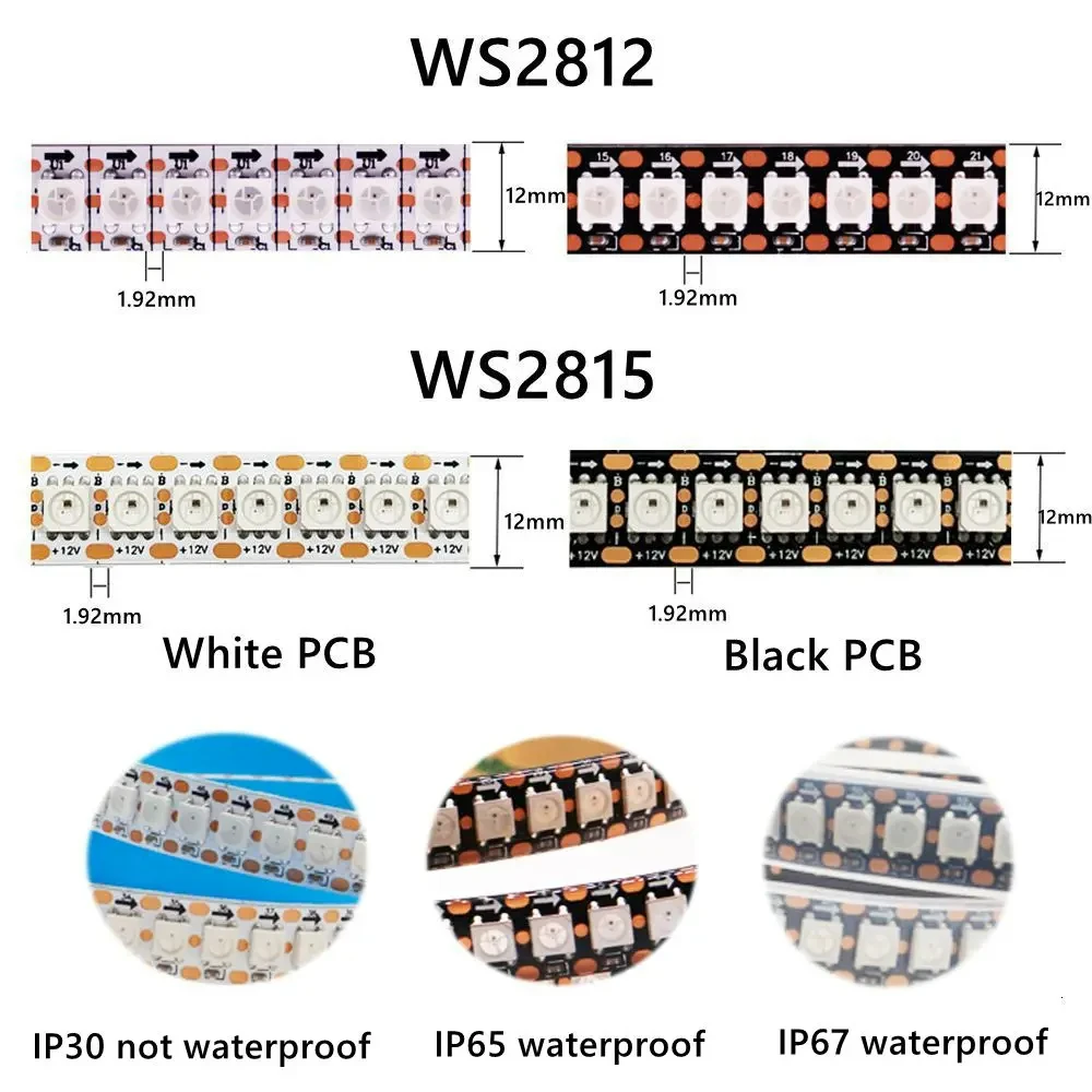 CSLIDO IP30/IP65/IP67 DC5V/12V 1-3M WS2812B WS2815 Led Strip 144 pixels/leds/m Addressable IC Smart 5050 RGB led Strip light