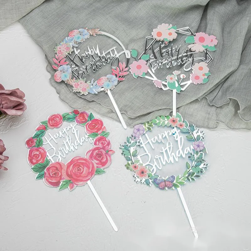 New Arrival RTS Paintings Acrylic Cake Topper Happy Birthday Insert Card Flower Pattern plug-in Party Decor Tools