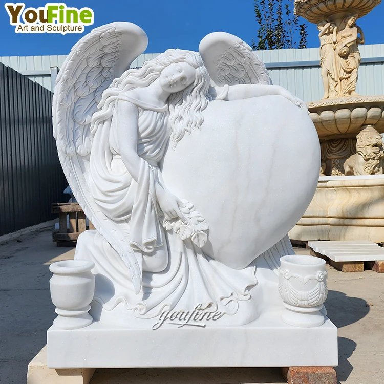 Hand Carved White Marble Heart Tombstone Angels Monuments Headstones