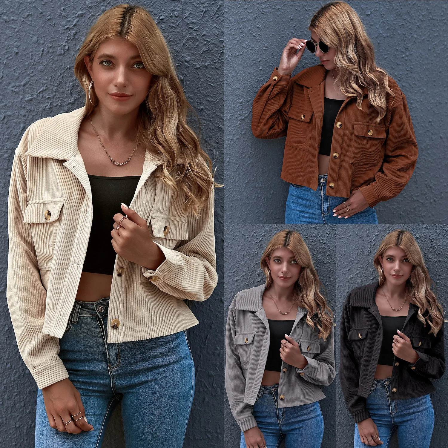2021 Autumn Fall Fleece Shirt Jacket Long Sleeve Plain Crop Top Flannel Jacket with Pockets Women