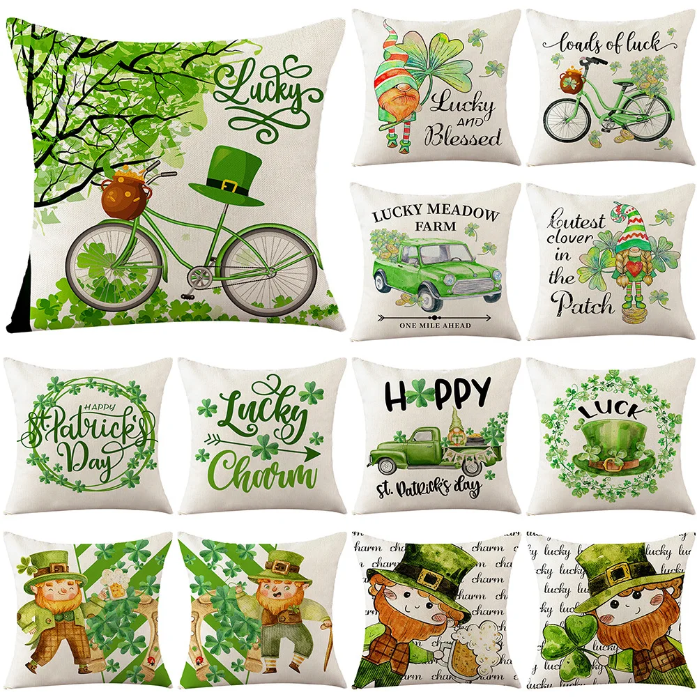 St. Patrick Day Gift Cushion Cover Good Luck Clover Wreath Linen Decorative Pillowcases