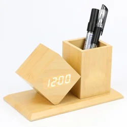 Wholesale Office Alarm and Thermometer Crystal Stand Digital Desk Table Wooden Clock with Pen Holder For Promotional Gift