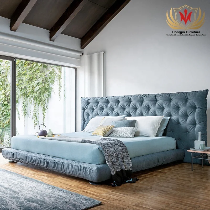 HJ HOM Italian modern light luxury queen size bed cama hotel furniture home solid wood frame leather fabric king size bed