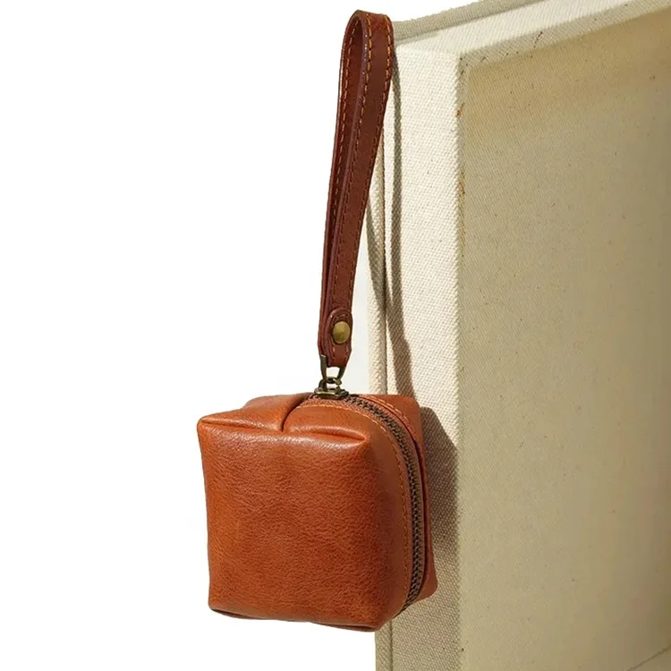 Custom Vegan Leather Small Coin Purse Square Shaped Women Wrist Strap Key Chain Coin Purse