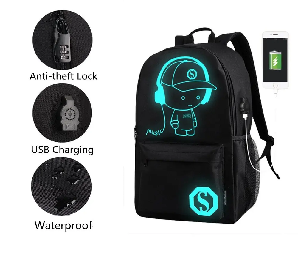 reflective  Back Pack Cartoon Luminous Travel Backpack School Bag with USB Charging Port and Anti-theft Lock