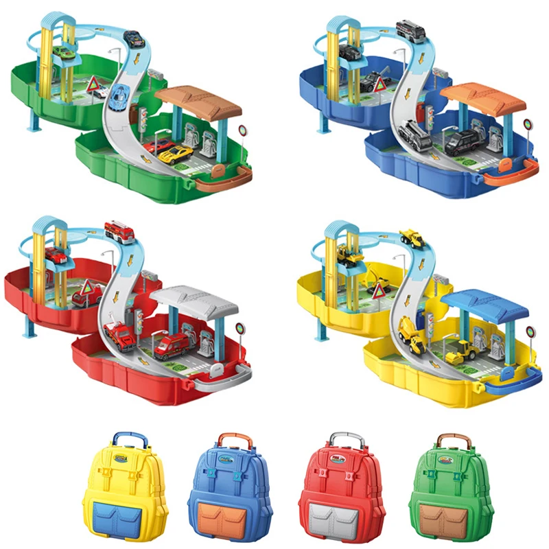 DIY Puzzle Engineering Fire Police Car Racing Set Parking Lot Backpacks Toys Educational Pretend Play Toys