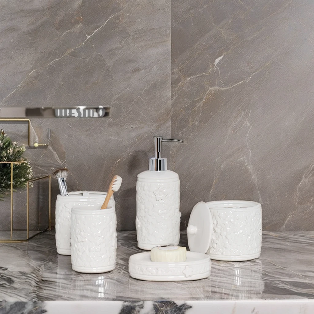 Modern Carve Flower Designs Bathroom Decor Luxury Porcelain Bath Items 5 Pcs Ceramic Bathroom Set