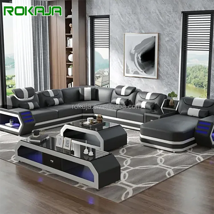 Modern Smart Sectional Sofa Leather Soft Back Living Room Combination Sofa 7-Seater Family High-Tech Sofa Set With LED Light