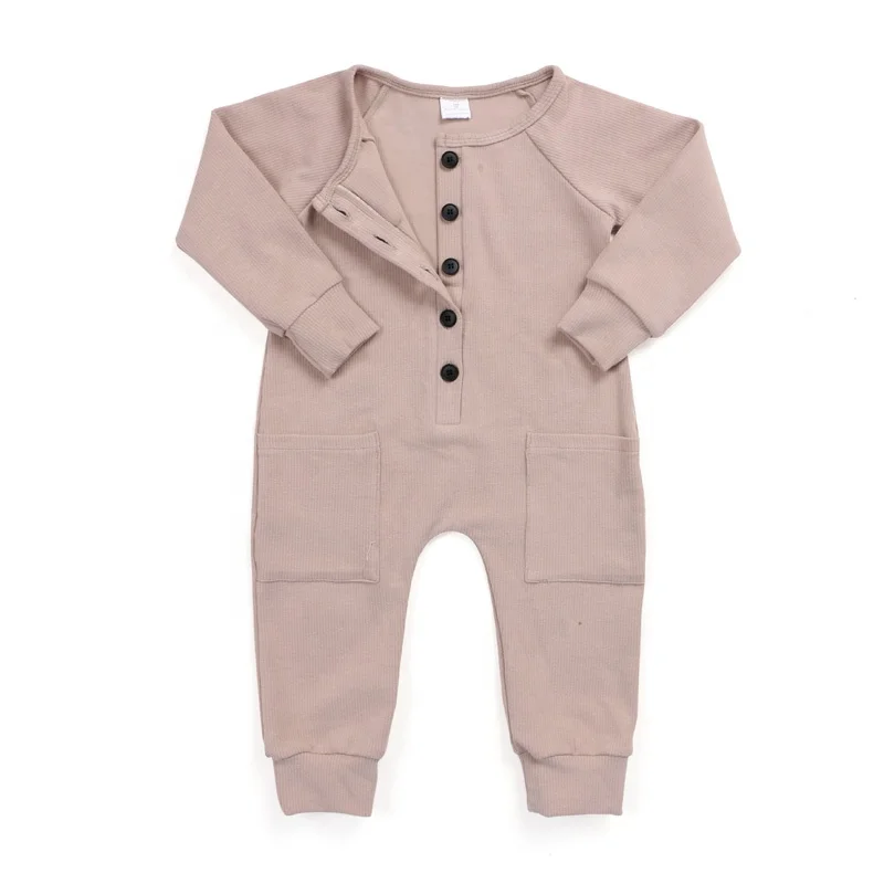 Newborn baby clothes kids clothing buttons front cuff long sleeve with pockets pink organic cotton ribbed baby romper