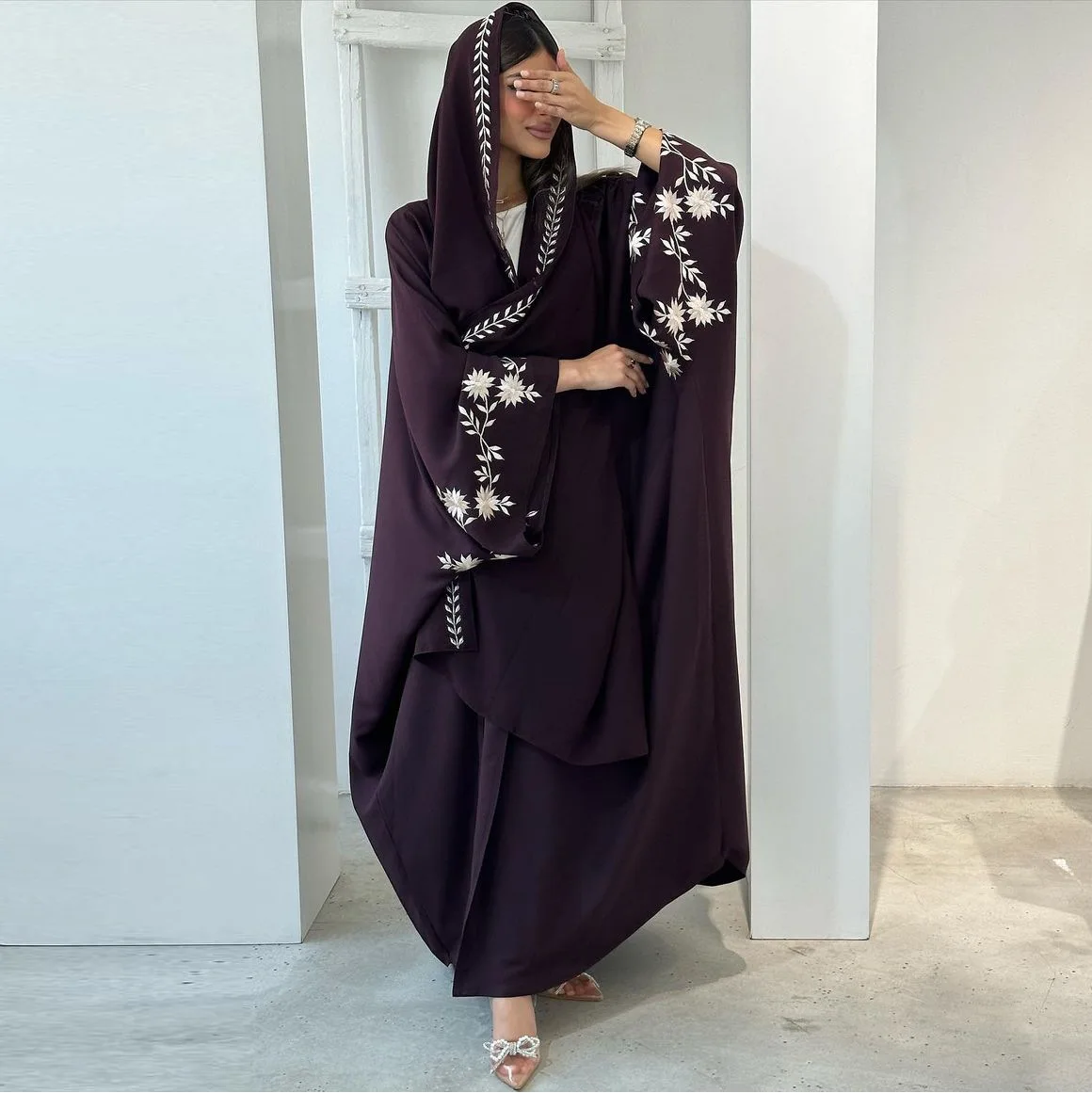 PROMISTAR Dubai Embroidered Cardigan Robe Headscarf Long Polyester Adult Outwear Middle East Fashion Abaya