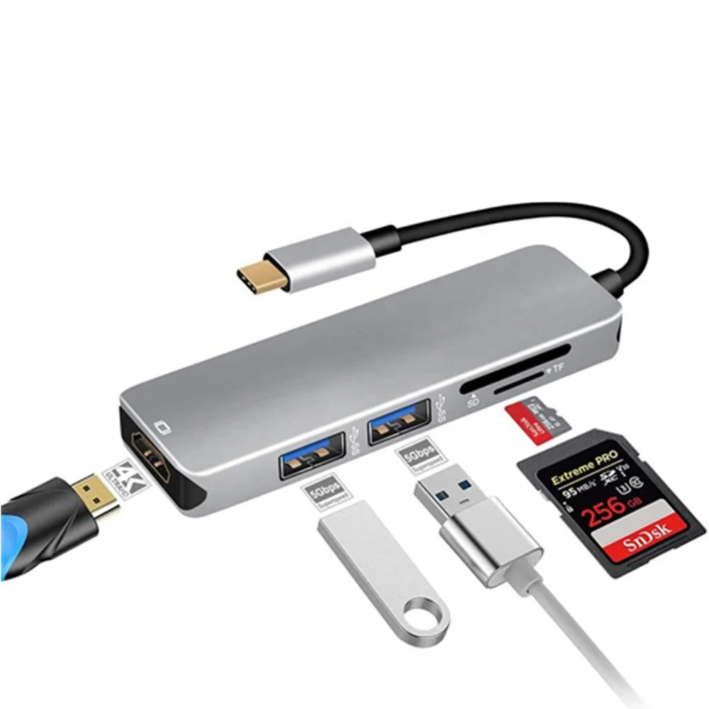 5 in 1 USB C Hub with AV HDMI, USB3.0, TF, SD Card Slots for Macbook Pro, Google Chromebook Pixel, Samsung S8 and more