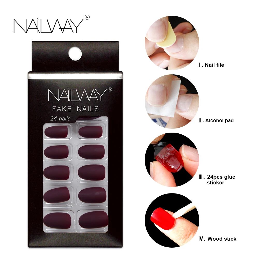Professional Nails Vendors Matte Rose Red ABS 24Pcs Oval False Nails High Quality Press On Nails