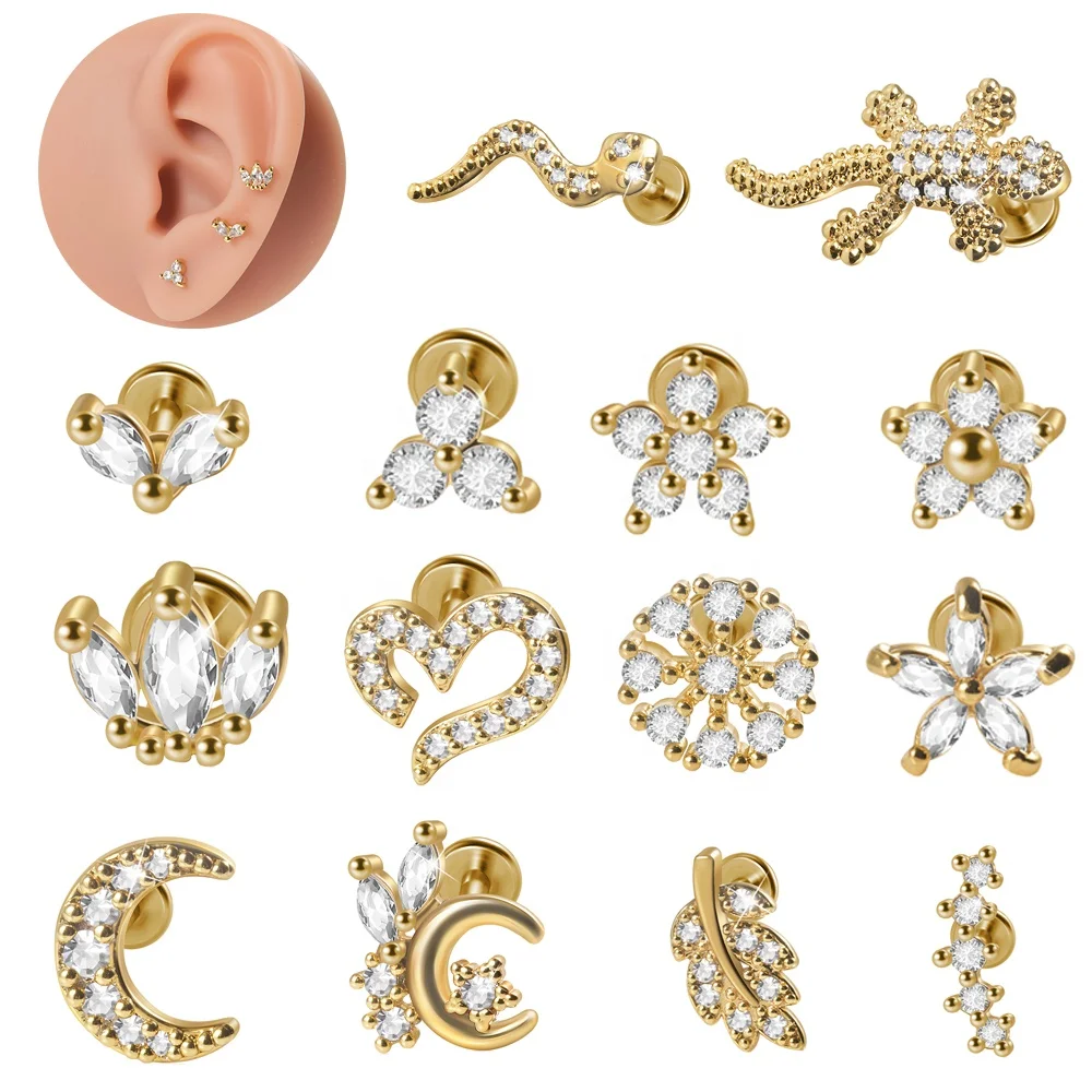 316L Stainless Steel Labret Lip Ring Gold Plated Zircon Cluster Ear Cartilage Tragus Spiral Daith Piercing Jewelry16G