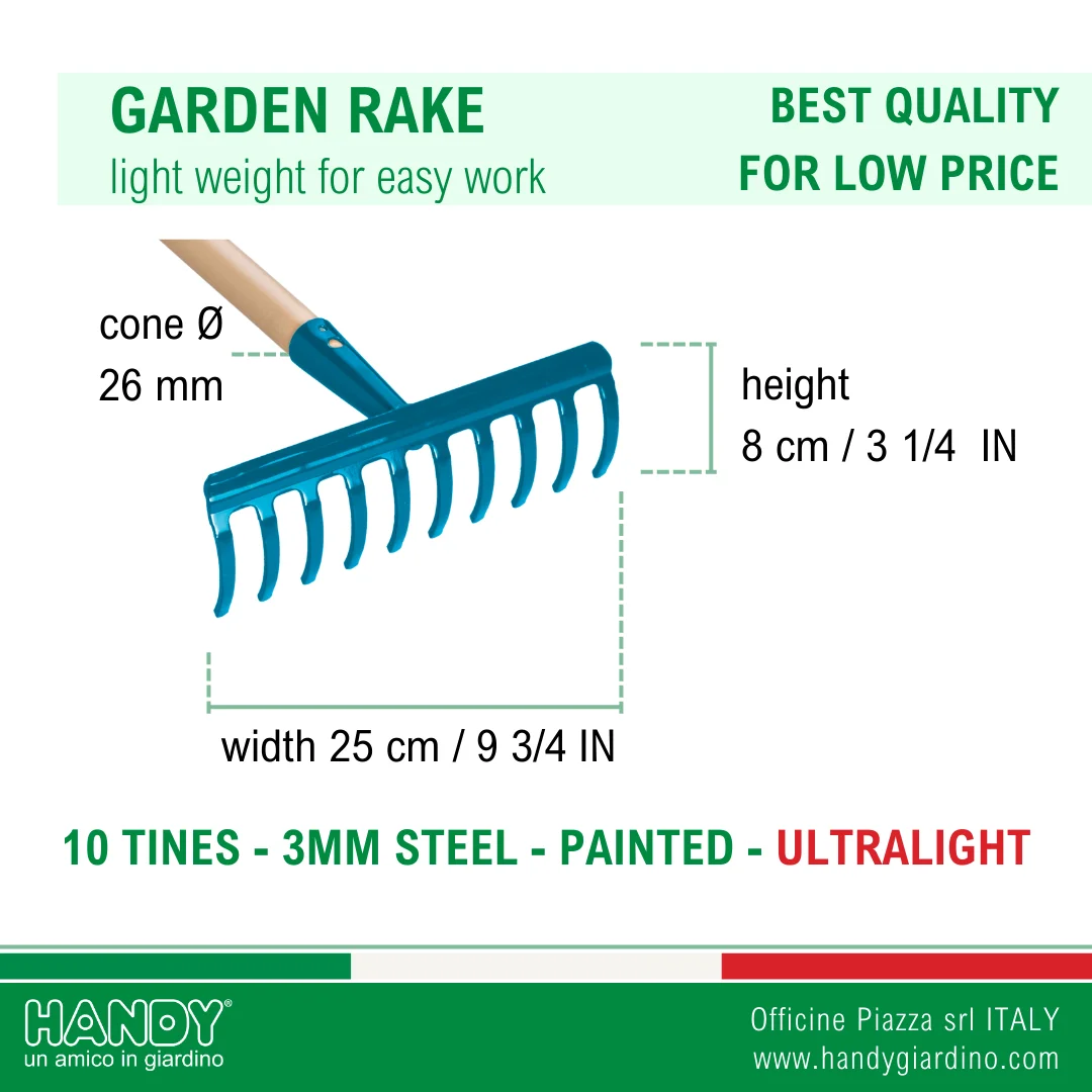 Italian Quality 10 Tine Ultralight Steel Rake with 120 cm Handle Industrial Grade Gardening Maintenance Tool