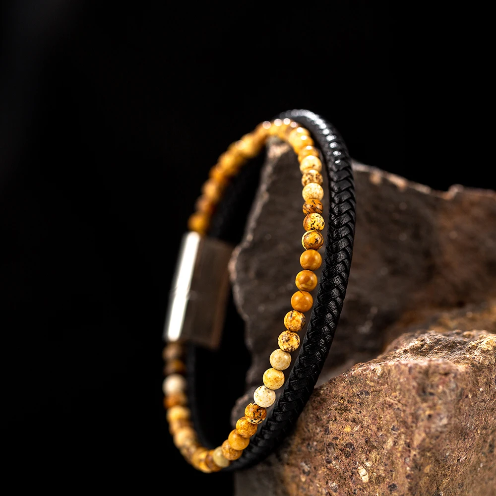 Handmade Jewelry Natural Stone Man Leather Bracelet Lava Stone Lapis Lazuli Tiger Eye Bead Man Braided Leather Bracelet