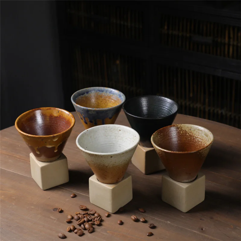 Vintage Ceramic Cup Set: Small Capacity Footed Wine Glasses and Stylish Coffee Mugs in Coarse Pottery