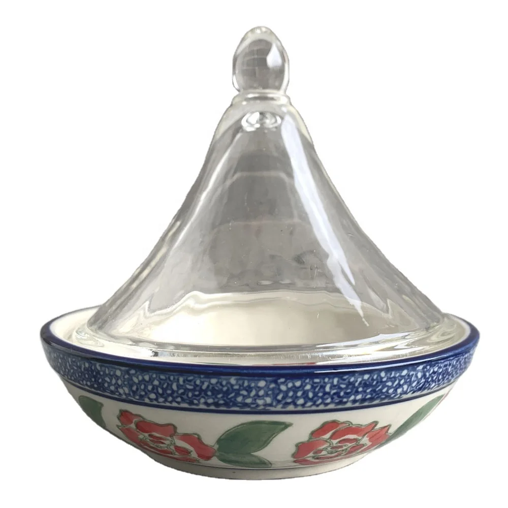 
Hot sell hand painted ceramic candy glass jar cheese dish with glass cover 