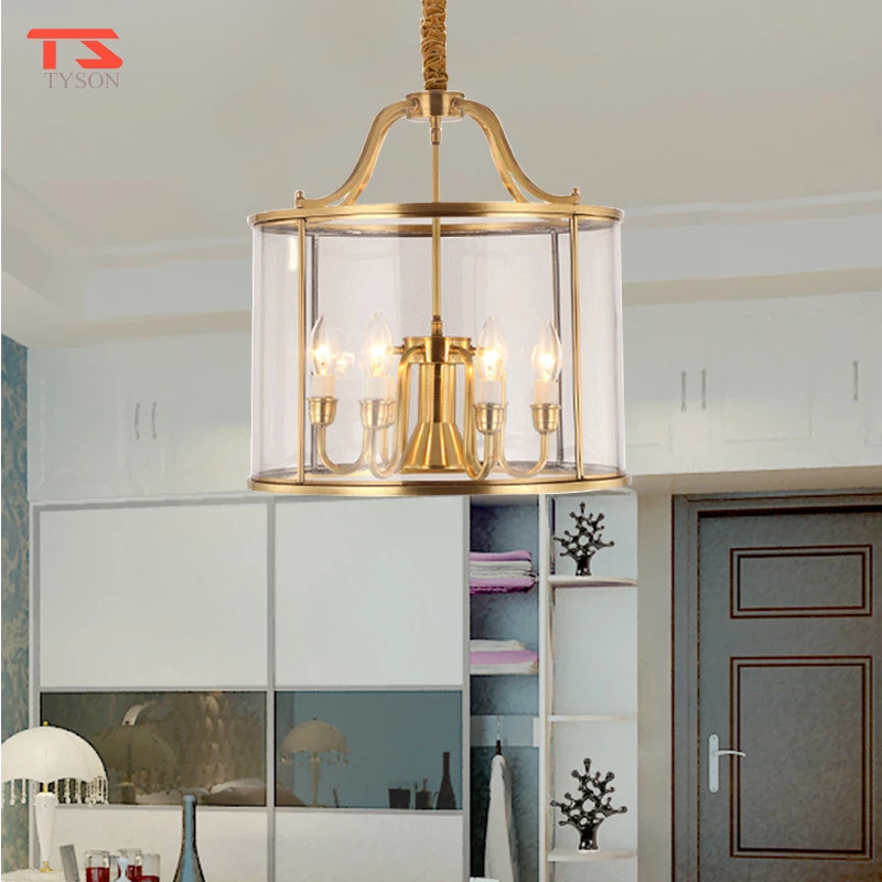 American Style Light Villa Modern Fashion Luxury Copper Color Chain Glass Pendant Lamp For Dining Room