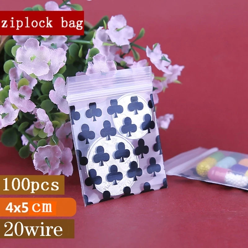 100Pcs/Lot 4x5cm Lock Bag Transparent Plastic Zipper Print Bag Food Storage Jewelry Packaging Pouch Mini Zip Organizer Pocket