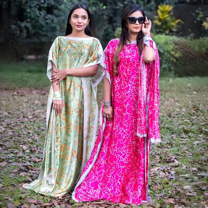 Wholesale luxury designer silk printed robes with headscarf ethnic style african loose women polyester silk muslim kaftans gowns