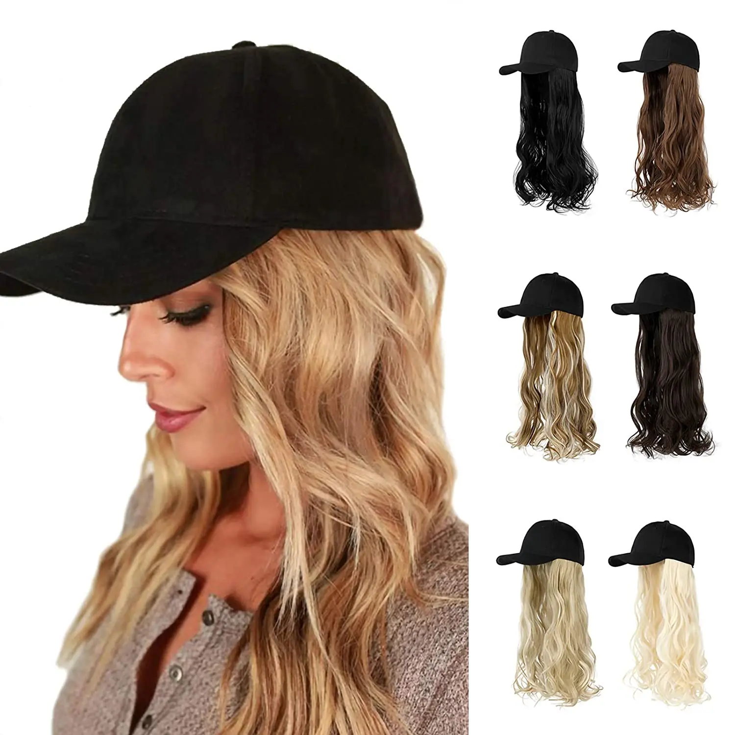 Baseball hat with Hair Extensions for Women Adjustable Hat with Synthetic Wig Attached 20inch Long Wavy Hair Black Baseball hat