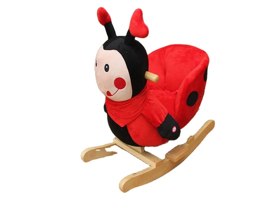 60X32X55cm Promotional Hot Sale Customized Baby Red/black Plush Ladybug Rocking Chair Toy with Music&wooden Base