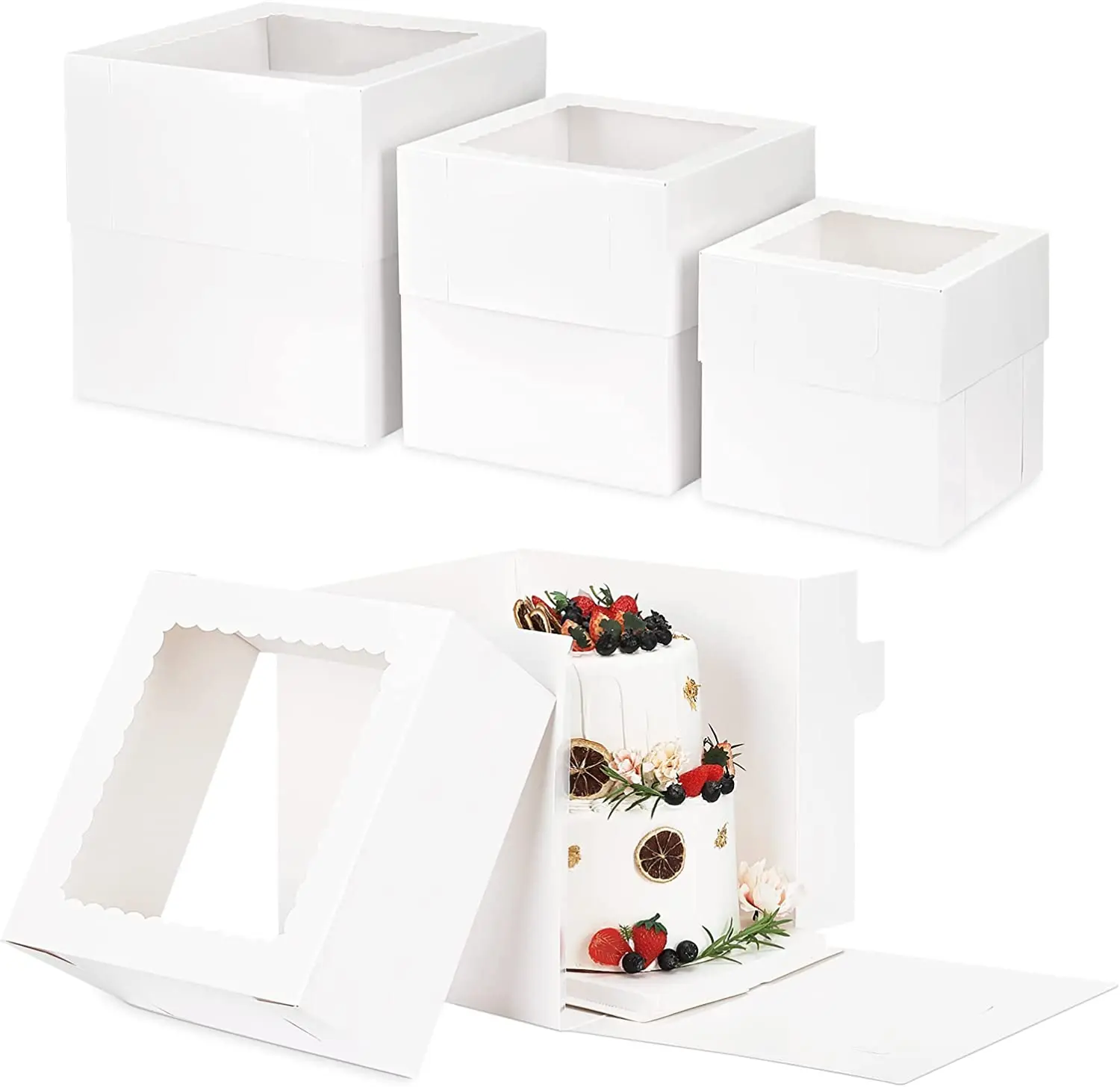 Tall Cake Boxes with Window in 3 Sizes 12 Pcs 12x12x12 10x10x10 8x8x8 Inch Bakery Cupcake Boxes Disposable Carrier Take Out Cont