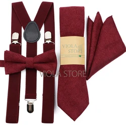 Khaki Maple Solid 2.5cm Suspender 7cm Cotton Corduroy Tie Hankie Bow Sets Men Kids Cravat Brace Elastic Straps Wedding Accessory