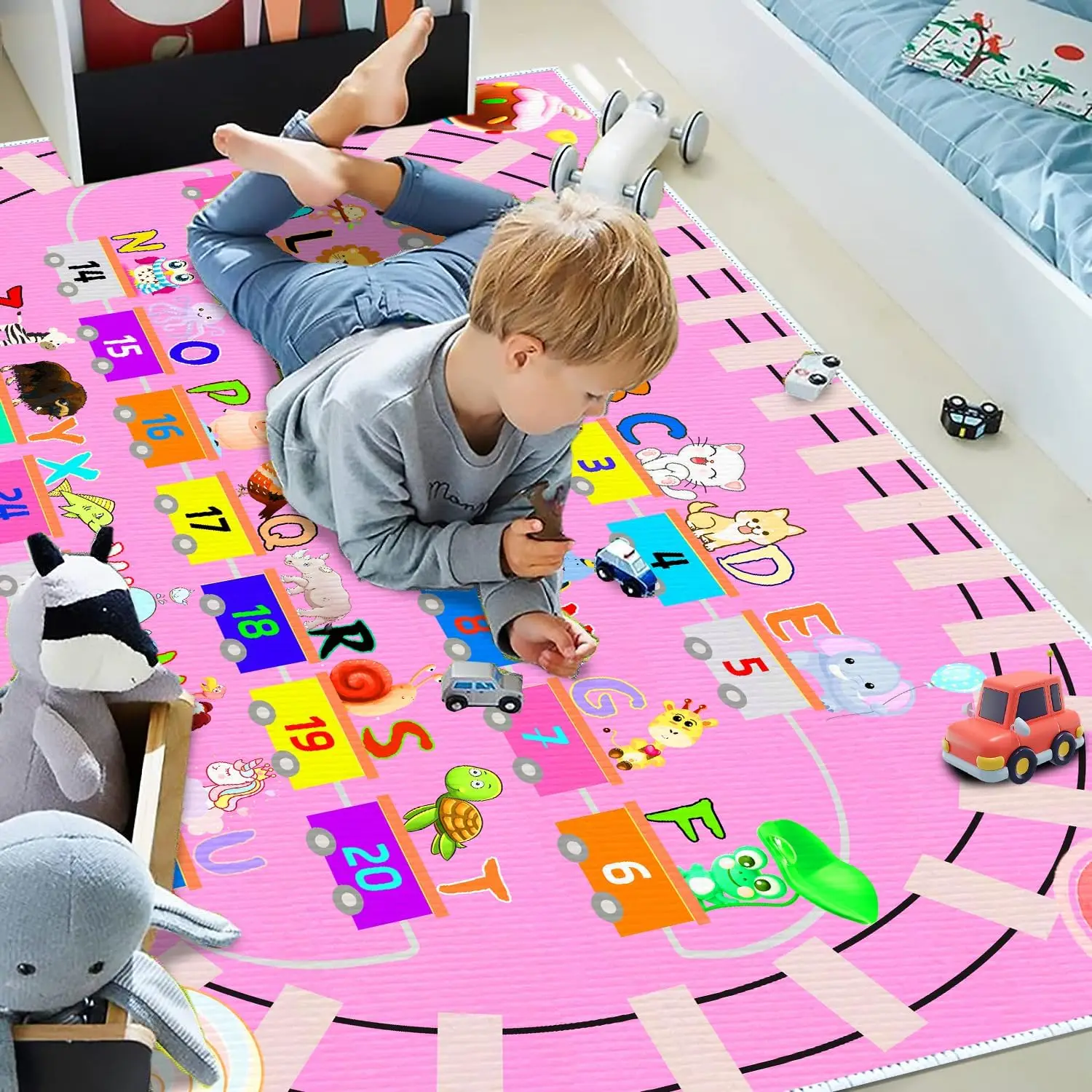 Kids ABC Pink Play Rug Alphabet Rugs with Numbers Animal Train and Road Shapes Learning Fun Educational Carpet Play mat for Kids