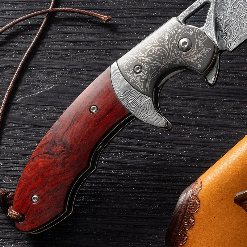 2024 New Damascus Hunting Knife VG-10 Steel Core 73 Layers Damascus Blade Natural Rosewood Handle with Lock Pocket Knife