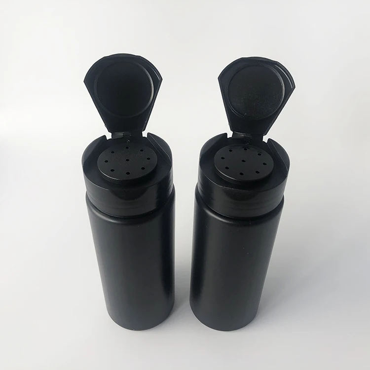 Wholesale empty 150ml black plastic baby talcum powder bottle, 150grams loose powder bottle container with flip top cap