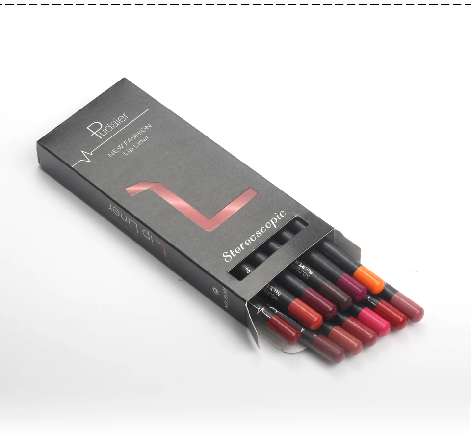 Pudaier famous brand vegan lip liner 12pcs/box 12 colors pencil lipstick set slim lip liner