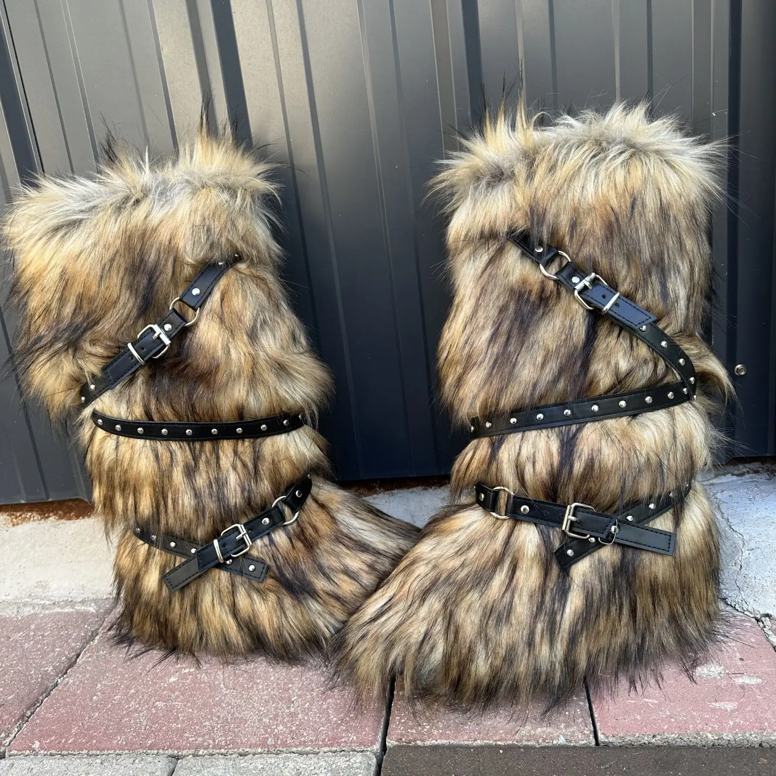 Candy colored spicy girl sexy high top snow boots 2024 new cross belt buckle short boots big fur fur fur long boots