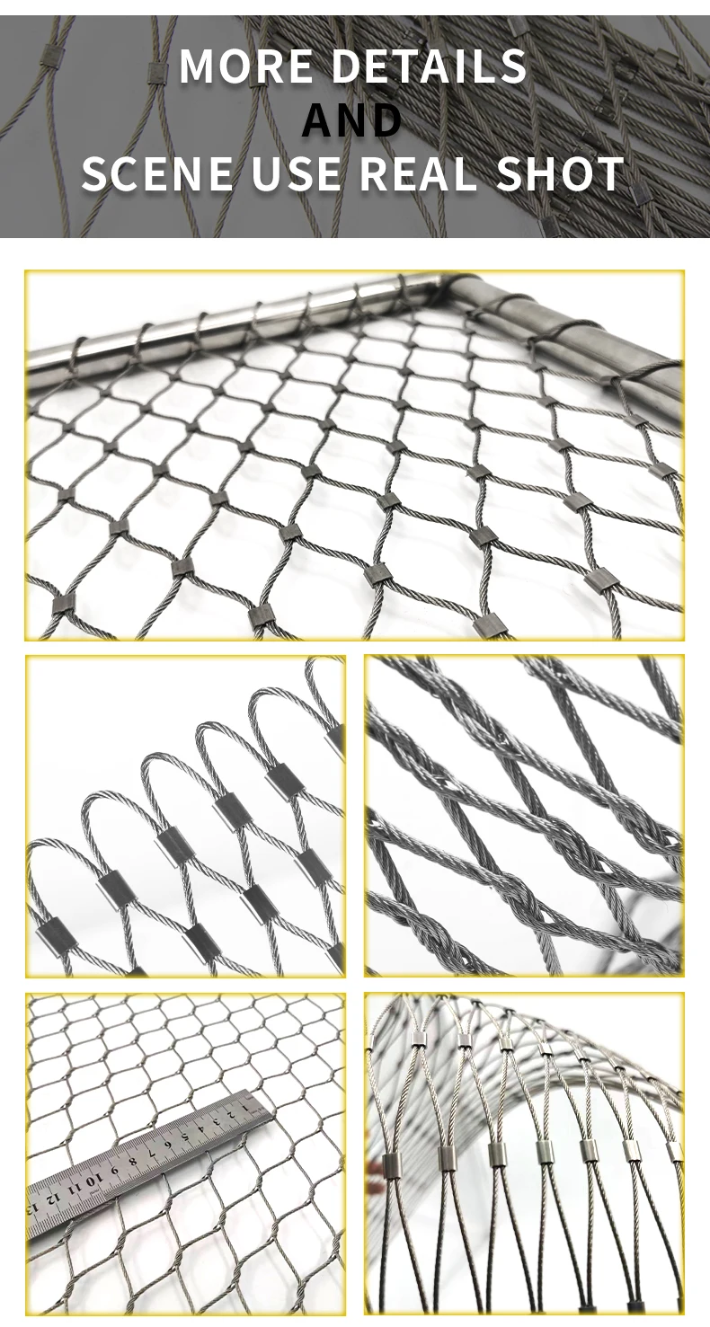 Zoo stainless steel woven knotted rope mesh Stair railing inox metal flexible ferrule cable net Animal cable rope netting  