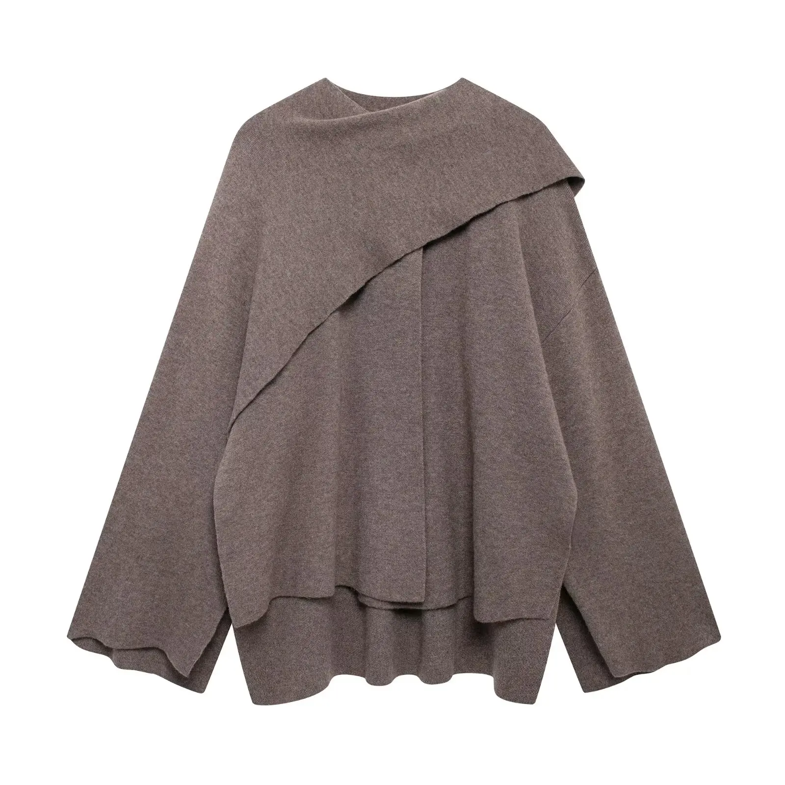 KAR&OT ZA 2024 autumn and winter lazy style scarf cape round neck long sleeve short knitted coat jacket female 2756107